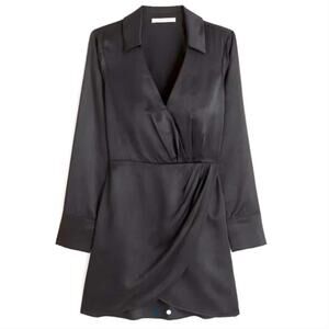 ABERCROMBIE & FITCH Long-Sleeve Satin Drapey Shirt Dress Black {VV18}